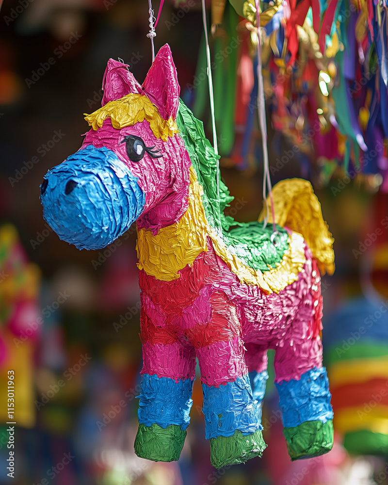 Vibrant horse-shaped piñata hanging at a festive event Vibrant horse-shaped piñata hanging at a festive event