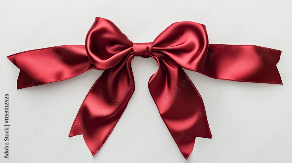 Red satin ribbon with bow isolated on white, top view Red satin ribbon with bow isolated on white, top view