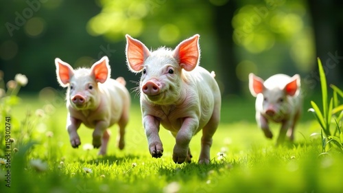Happy Piglets in Outdoor Farmyard, Lush Green Pasture, Natural Light