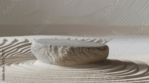 Zen garden stone podium with raked sand patterns
