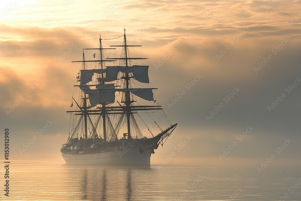 A majestic ship sailing through misty waters at sunrise. A majestic ship sailing through misty waters at sunrise.