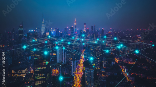 Wallpaper Mural Smart digital city with connection cyber security network reciprocity over the cityscape . future smart wireless digital city and social media networking systems that connects people within the city Torontodigital.ca