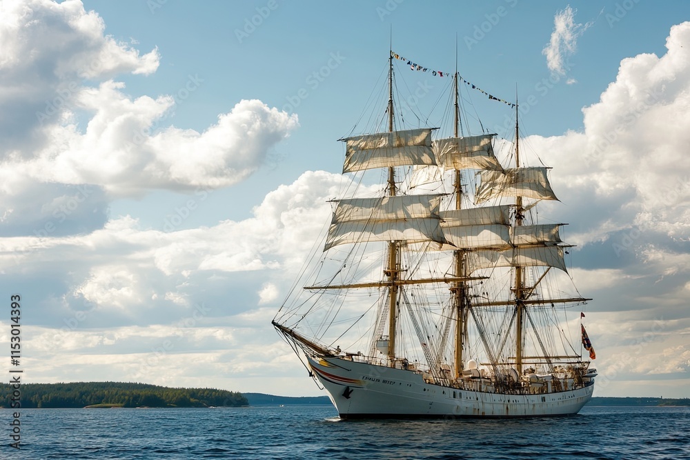 A majestic tall ship sailing on a calm sea under clouds. A majestic tall ship sailing on a calm sea under clouds.
