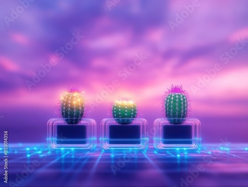 Tiny cacti in glass stands glowing under a dramatic purplepink sunset sky, front view, showcasing elegance and light, cybernetic tone, complementary color scheme photo