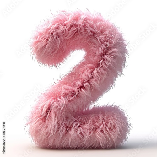 Cute pink number 2 as fur shape, short hair, white background, concept playlist style, 3D illusion, digital manipulation, creative commons attribute, maroon color, poet core, storybook style