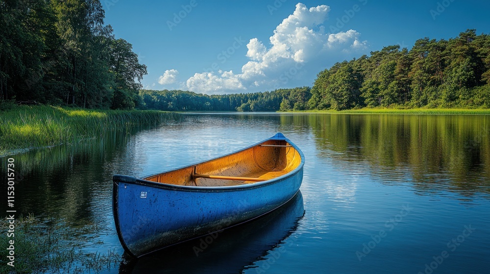 A serene blue canoe floats on a calm lake surrounded by lush greenery and a clear sky. A serene blue canoe floats on a calm lake surrounded by lush greenery and a clear sky.