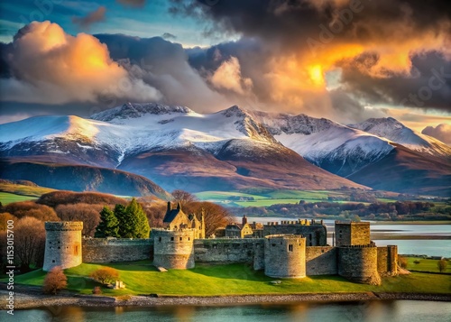 Beaumaris Castle, Snowdonia Mountains, Winter Landscape, Welsh Ruins, Epic Scenery photo