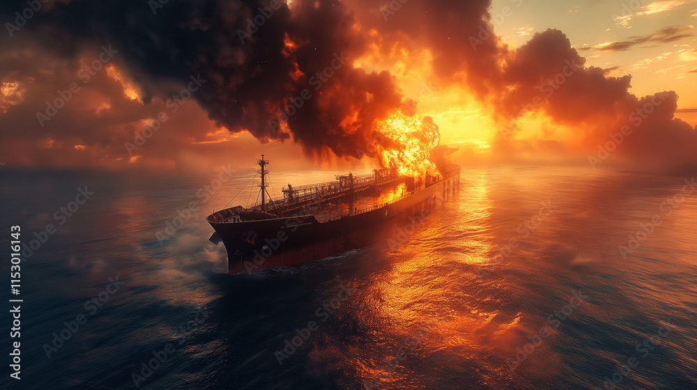 Fototapeta premium Tanker burns fiercely as flames and smoke rise, polluting ocean waters at sunset