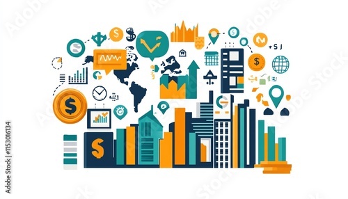 Vector illustration of forex trading market with fluctuating graphs, economic trends, and world economy icons, showcasing global investment opportunities and financial analysis