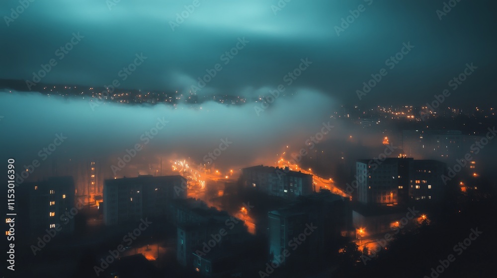 Aerial view of city lights shining through fog at night Aerial view of city lights shining through fog at night