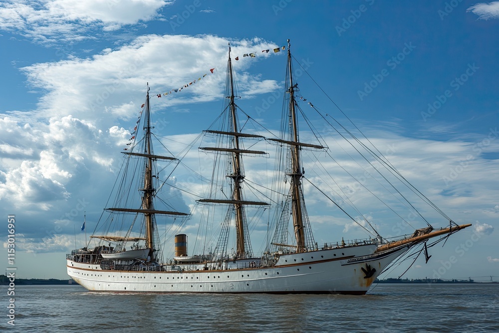A majestic tall ship sailing on calm waters under clouds. A majestic tall ship sailing on calm waters under clouds.
