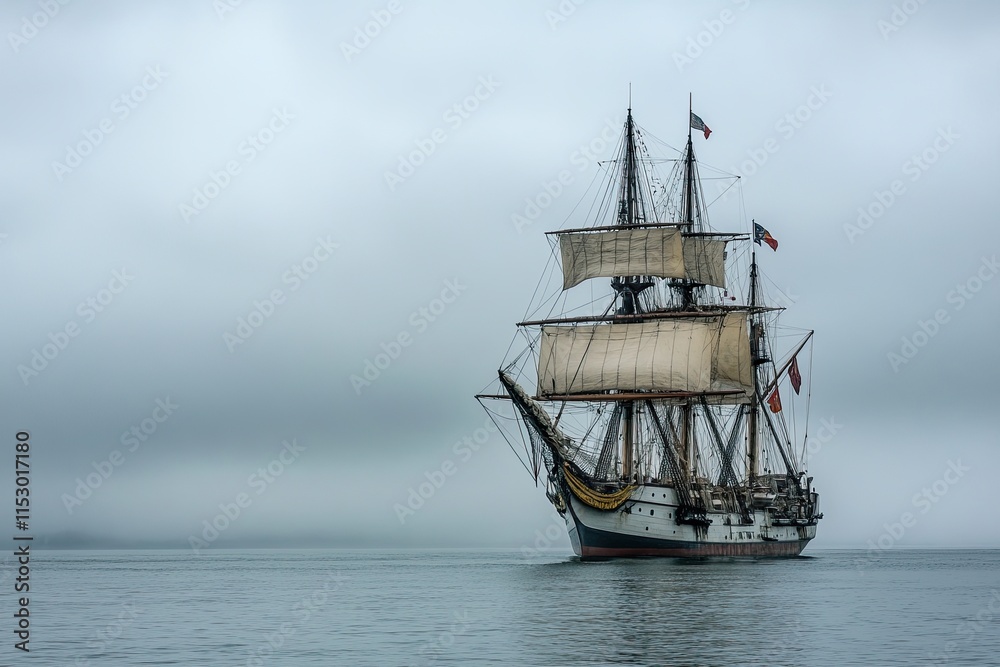 Obraz premium A majestic tall ship sailing through foggy waters.