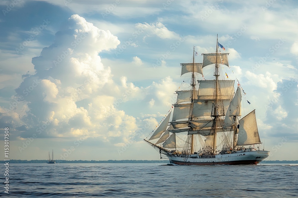 Obraz premium A majestic tall ship sailing under a cloudy sky.