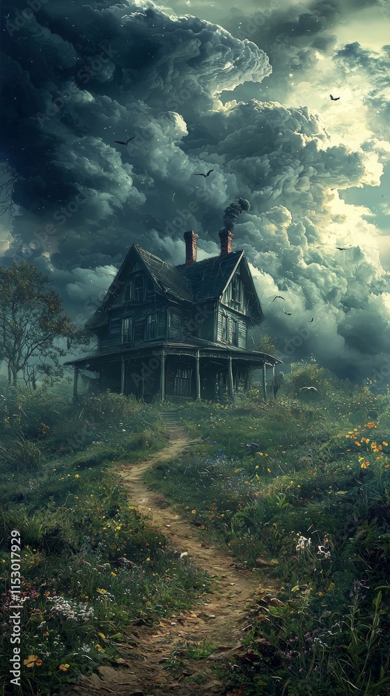 Serene Farmhouse Surrounded by Rolling Hills Under Stormy Sky Serene Farmhouse Surrounded by Rolling Hills Under Stormy Sky