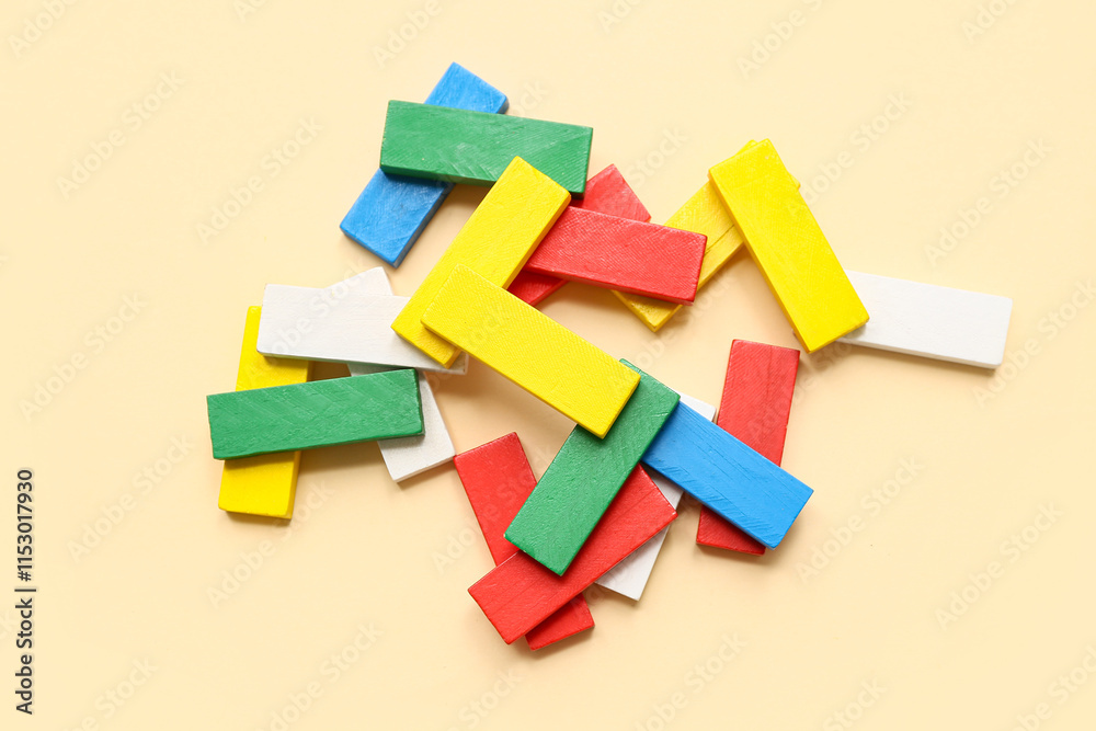 Heap of different building blocks on color background Heap of different building blocks on color background