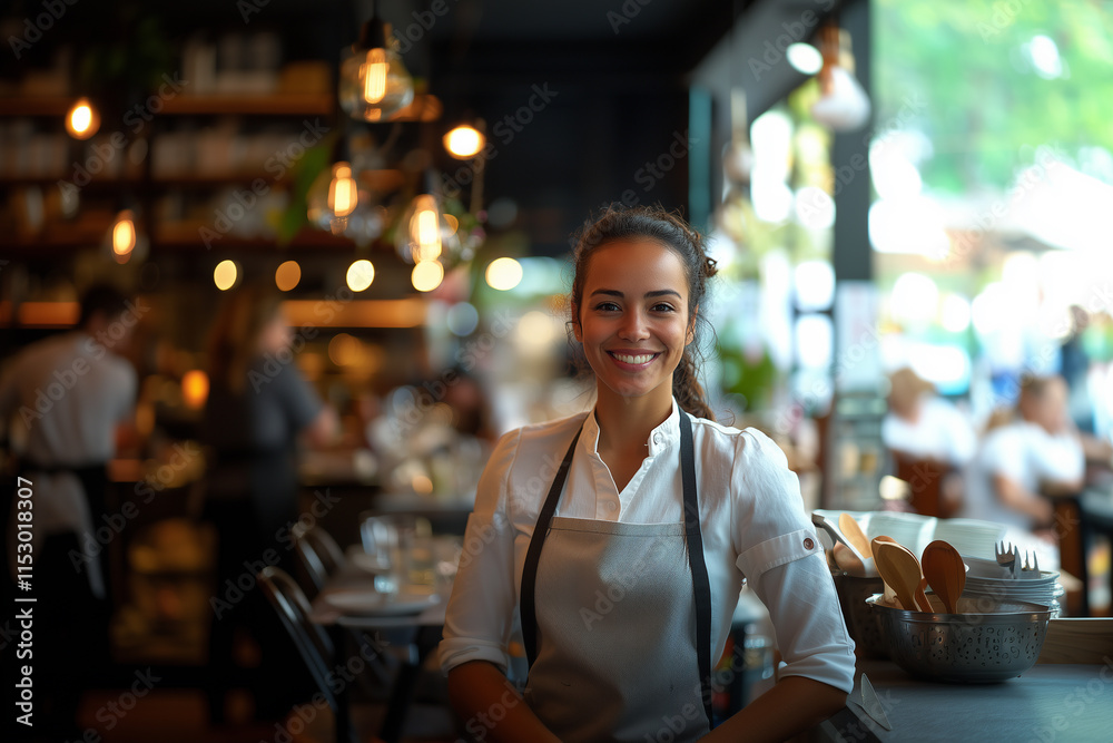 Smiling Server in Cozy Restaurant Smiling Server in Cozy Restaurant