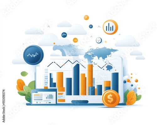 Forex trading graph with market indicators, world financial symbols, and a businesscentric design for global financial investment, vector illustration showcasing economic growth photo