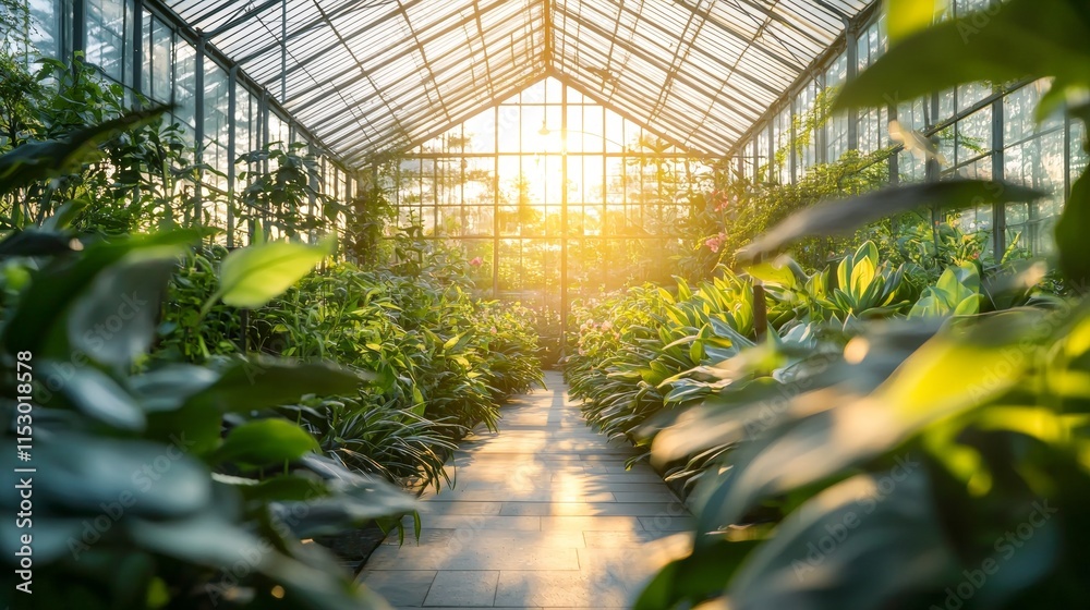 Sunlit Greenhouse with Flowering Plants at Golden Hour Sunlit Greenhouse with Flowering Plants at Golden Hour