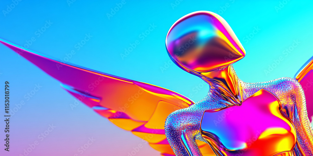 Obraz premium beautiful angel wearing a chrome suit, futuristic lights up and studded with silver crystals ,shining silver wings, long silver glistening gothic looking sword 