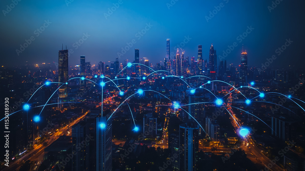 Fototapeta premium Smart digital city with connection cyber security network reciprocity over the cityscape . future smart wireless digital city and social media networking systems that connects people within the city