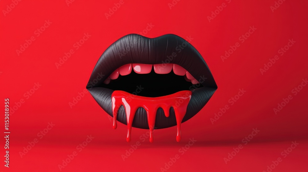 Naklejka premium Sexy Vampire Woman lips with blood,Dripping blood on mouth, witches or beast creatures,female lips with fangs,horror holiday monsters,Vampire makeup Fashion Art design,Halloween banner background.