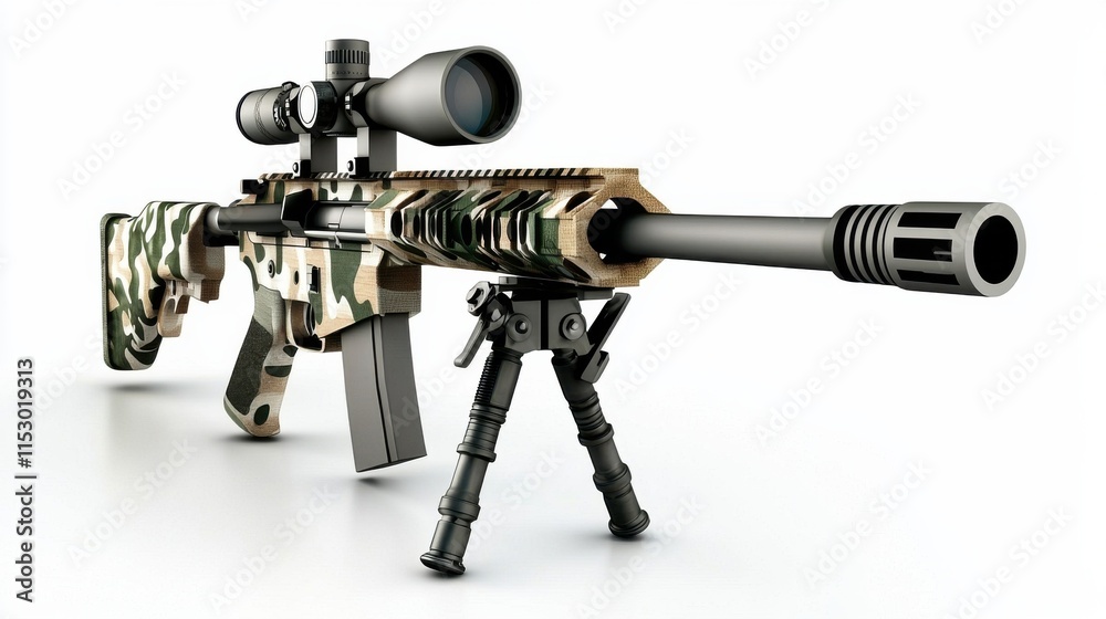 Tactical Assault Rifle with Scope and Bipod on White Background Tactical Assault Rifle with Scope and Bipod on White Background