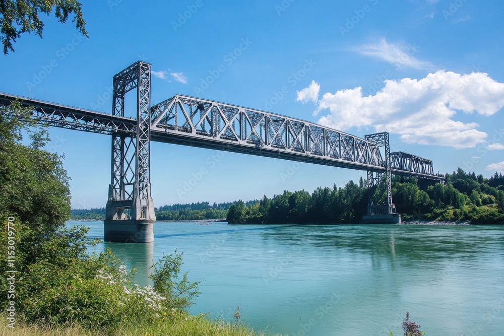 Exploring the beauty of a steel bridge spanning a river serene landscape in clear skies architectural marvel in an industrial design concept captured from a scenic viewpoint Exploring the beauty of a steel bridge spanning a river serene landscape in clear skies architectural marvel in an industrial design concept captured from a scenic viewpoint