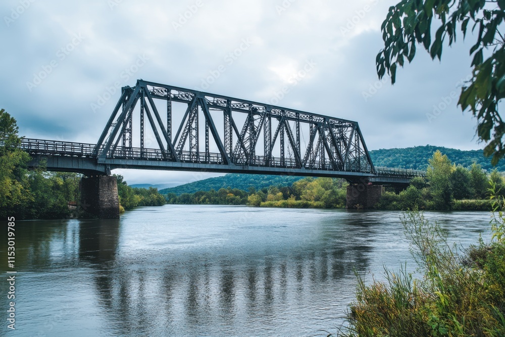Steel bridge spanning a serene river landscape scenic viewpoint capturing industrial architecture in nature's embrace Steel bridge spanning a serene river landscape scenic viewpoint capturing industrial architecture in nature's embrace