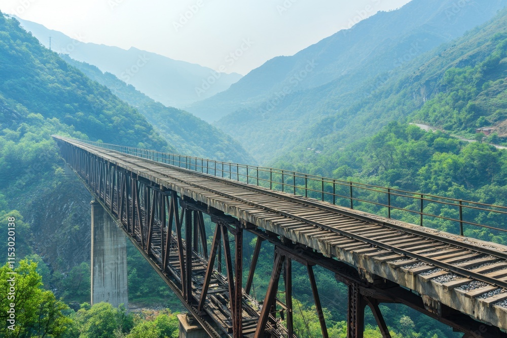 Steel railway bridge spanning a deep valley in a lush mountain landscape capturing the harmony of nature and engineering in a serene environment Steel railway bridge spanning a deep valley in a lush mountain landscape capturing the harmony of nature and engineering in a serene environment