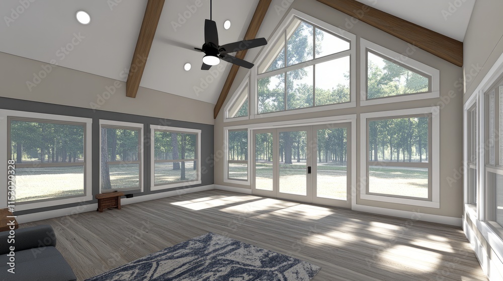 Fototapeta premium Sunlit Living Room with Vaulted Ceiling and Large Windows