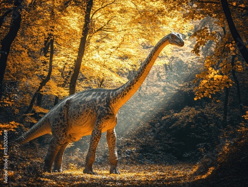A dinosaur stands in a sunlit, autumn forest, highlighting a prehistoric scene.