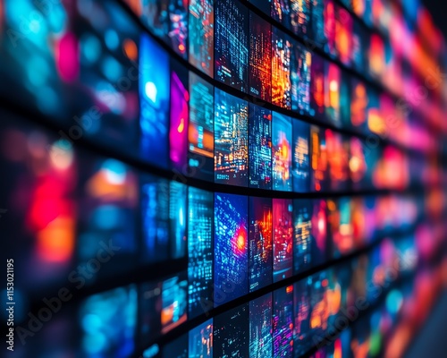 Streaming wall with vibrant colorful channel images, abstract entertainment background, dynamic visuals for modern multimedia content and digital experiences