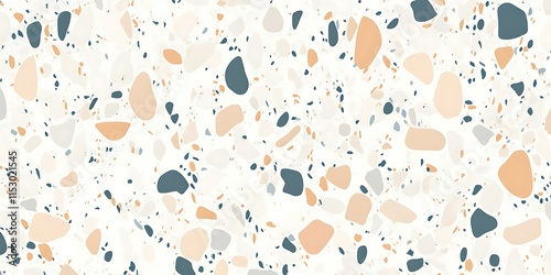Abstract terrazzo seamless pattern. Beige, blue, and peach chips on white background. Ideal for design, decor, and print.