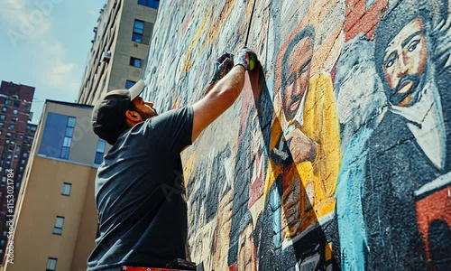 A mural artist works on a vibrant wall painting in an urban setting.