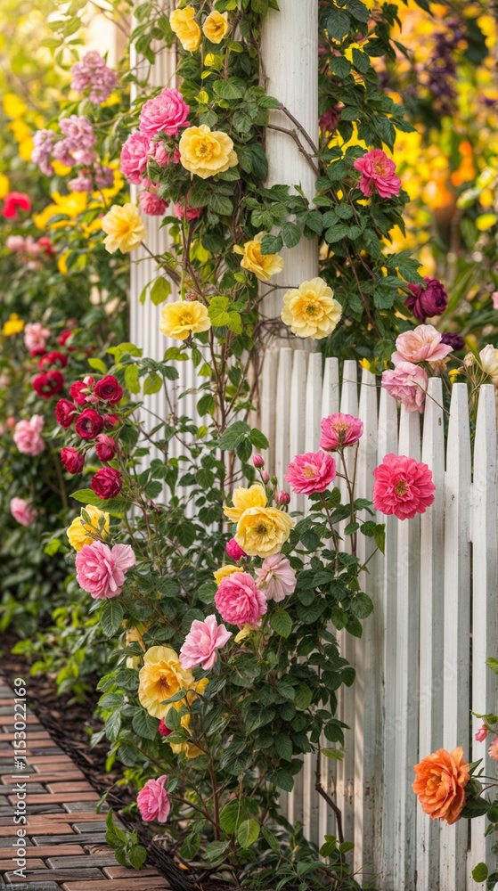 Fototapeta premium A romantic garden pathway lined with a white picket fence adorned with colorful roses and green vines. 