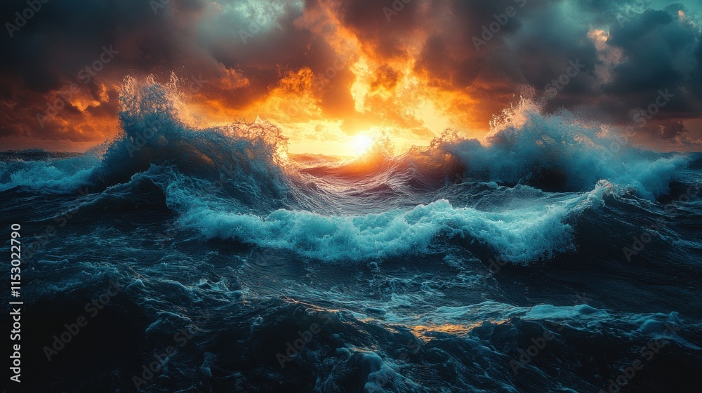 Fototapeta premium Dramatic ocean waves at sunset with fiery sky and turbulent sea