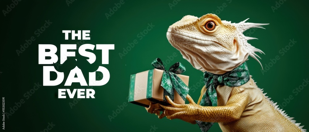 Fototapeta premium Hilarious Lizard Dad Holding Gift: The Best Dad Ever Fathers Day Card
