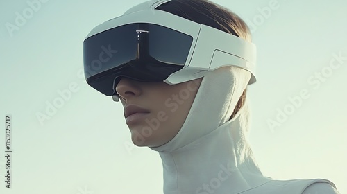 woman wears a futuristic white VR headset with gazing into the virtual world For image evokes a sense of technological advancement Concept.