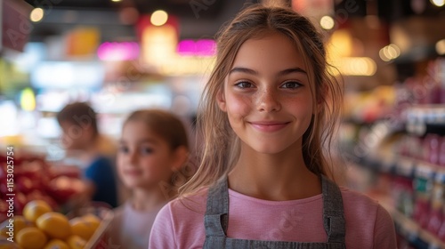 Smiling girl in grocery store aisle with friend in background