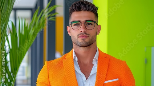 Confident Man in Orange Blazer, Glasses - Bright Colors