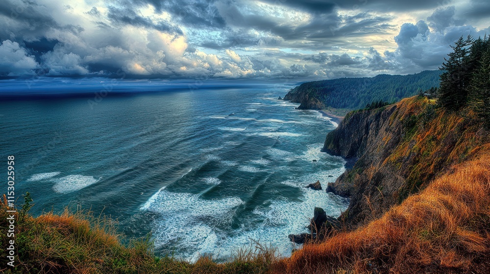 Obraz premium Dramatic Coastal Cliffs Ocean Waves Cloudscape