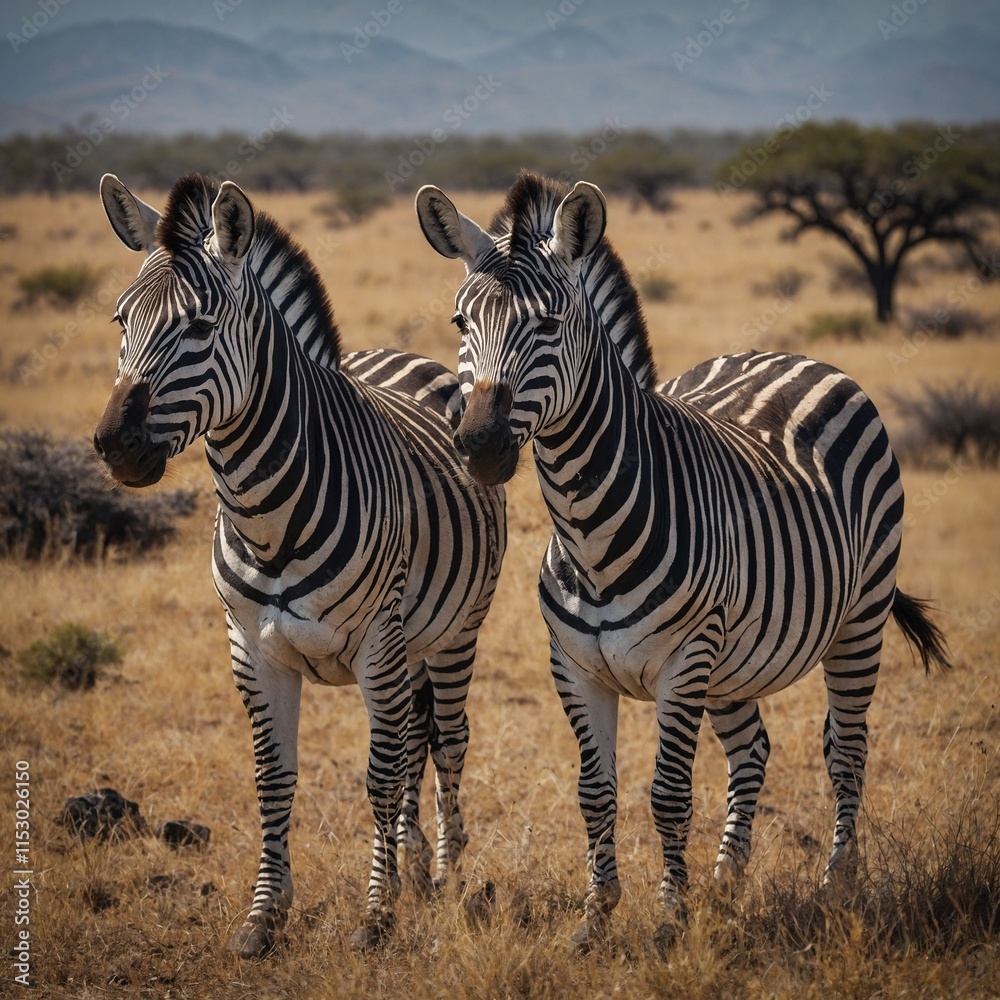 Naklejka premium Two plains zebras in natural habitat, South Africa.