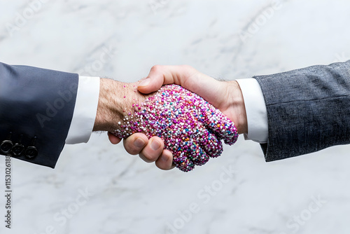 Surreal Handshake, Businessmen's Deal Covered in Colorful Confetti, Symbolic of Uncertain Agreements photo