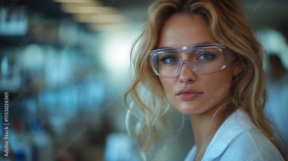 Confident scientist in laboratory setting wearing protective eyewear Confident scientist in laboratory setting wearing protective eyewear