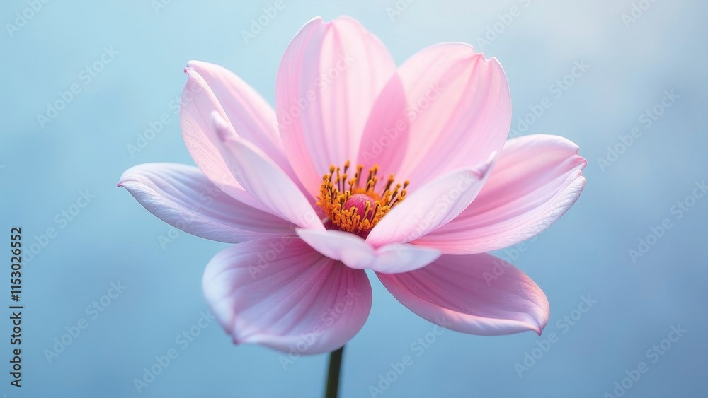 A delicate pastel flower with delicate pink petals on a blue background. A delicate pastel flower with delicate pink petals on a blue background.