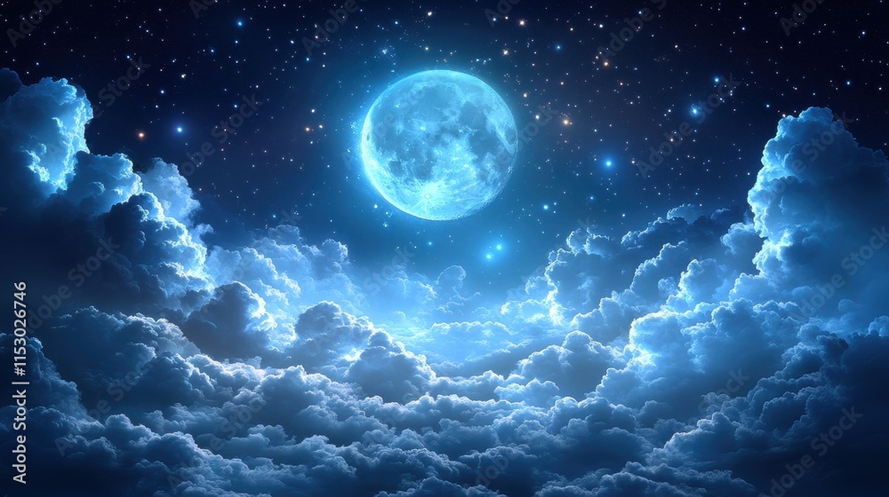 Fototapeta premium Majestic full moon illuminating night sky and clouds under starry heavens