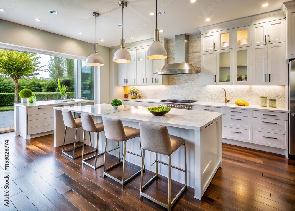 Bright White Kitchen Island with Bar Stools - Modern Interior Design Stock Photo