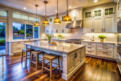 Bright White Shaker Kitchen Interior - Low Light Photography Stock Photo