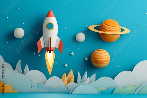 Paper Rocket Launching into Space - Paper art