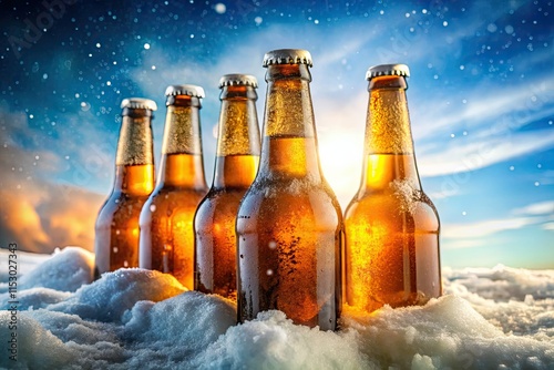 Icy beer bottles nestled in a snowy scene, a winter wonderland of frosty brews.